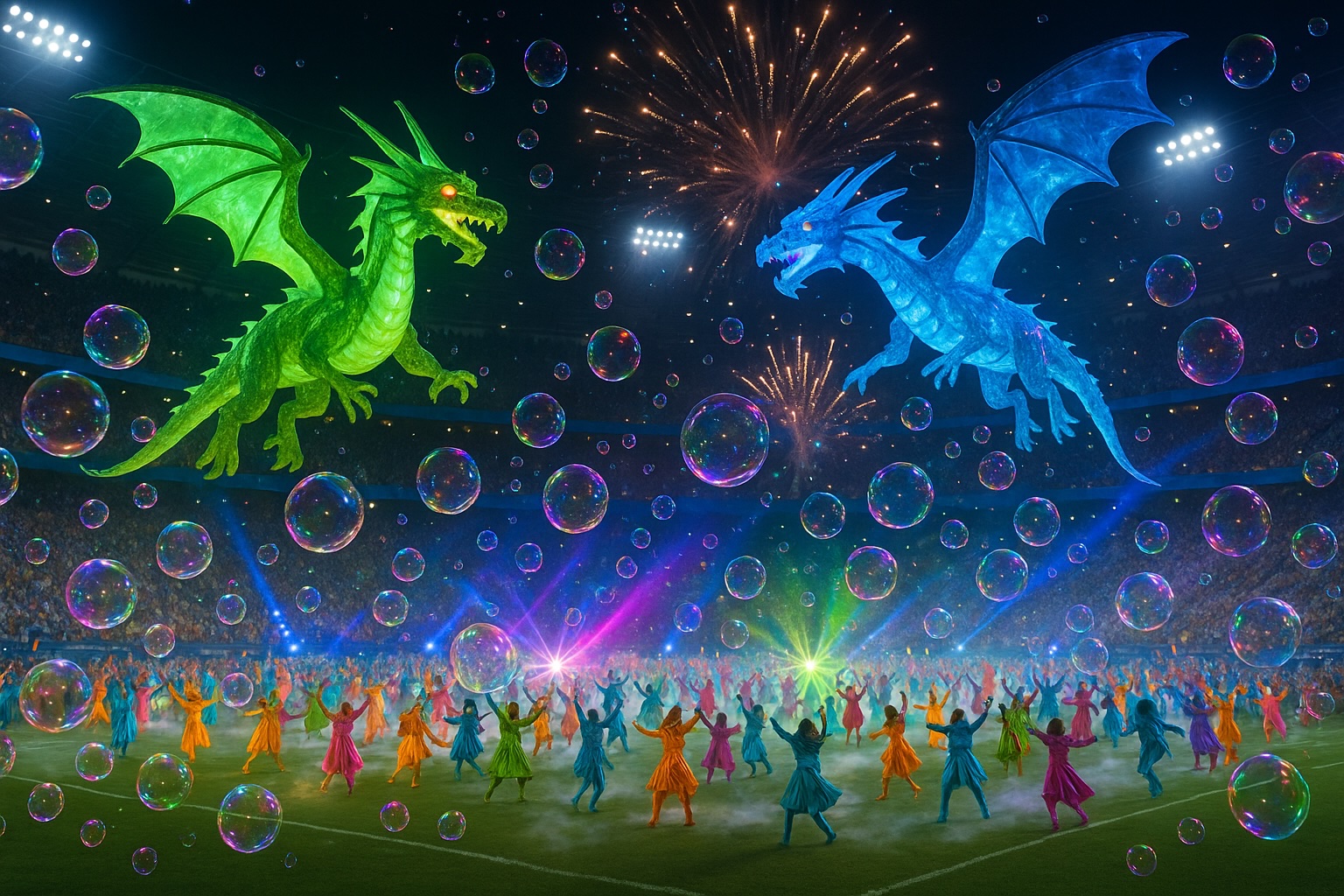 Coreografia con draghi e bolle colorate